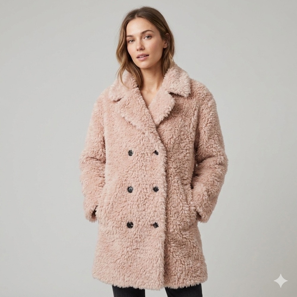 THE GREAT. Double Breasted Teddy Faux Fur Coat Pink Womens Size 0 XS